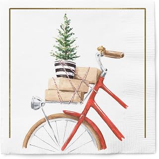 Graphique Watercolor Bike Holiday Cocktail Napkins | Christmas Party | Dessert, Beverage, Coffee | 3-Ply Disposable Paper Napkins | 5” x 5” | 40 pcs