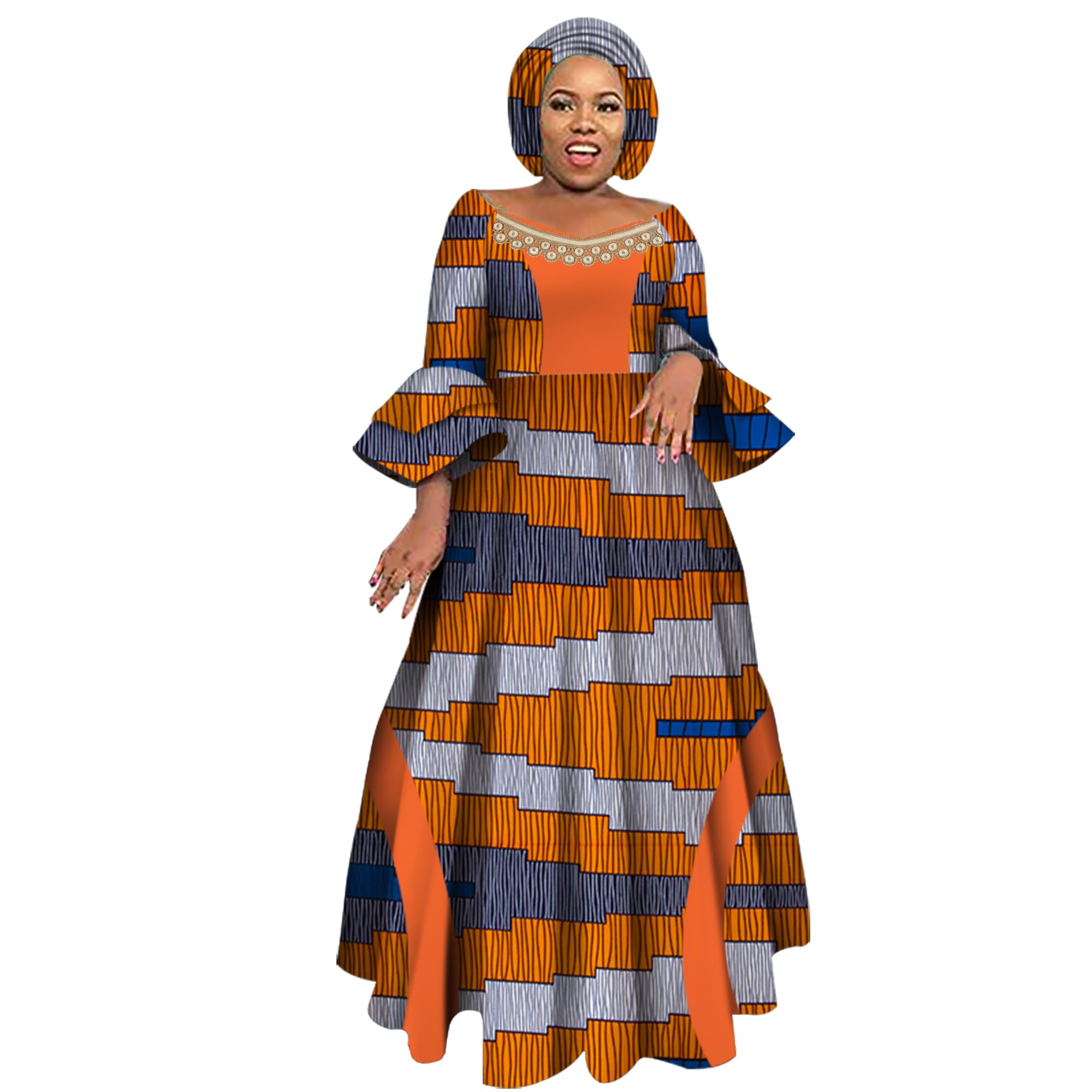 iooiooi Womens African Print Party Maxi Dress Ankara Long Dress &amp; Headwrap