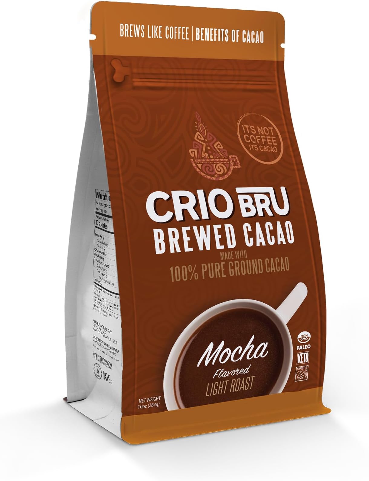 Brewed Cacao Mocha Flavored Light Roast - Coffee Alternative Natural Healthy Drink | Made with 100% Pure Ground Cacao Beans | 99.99% Caffeine Free, Keto, Low Carb, Paleo, Brew And Enjoy Hot or Iced (10 Ounce (Pack of 1))