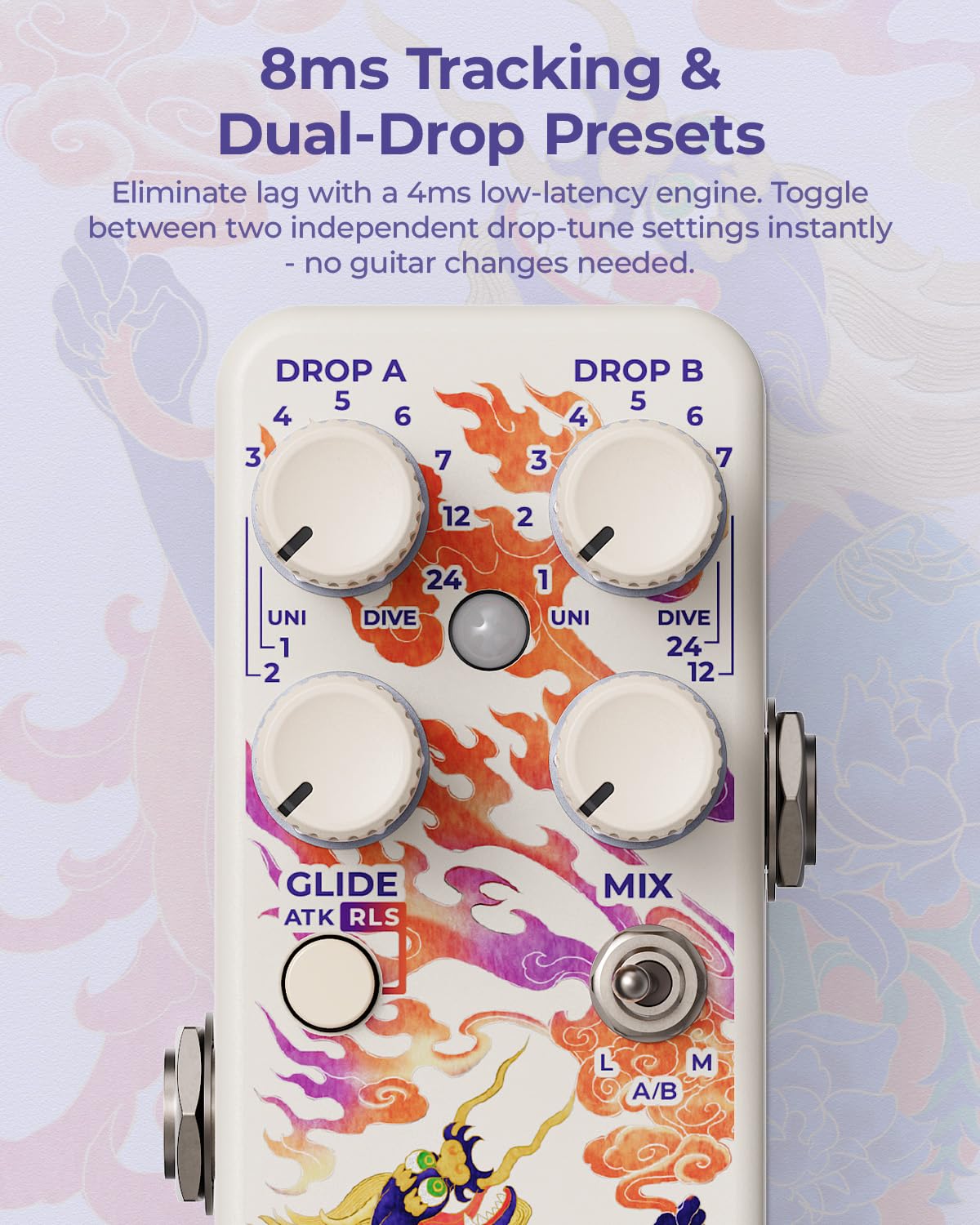Dive Pitch Shifter – polifoniczny efektów gitarowych z niskim opóźnieniem 8 ms, podwójnymi kanałami Preset, wirtualnym paskiem Whammy Bar Glide Engine, trybami Tight i Sub Sound do