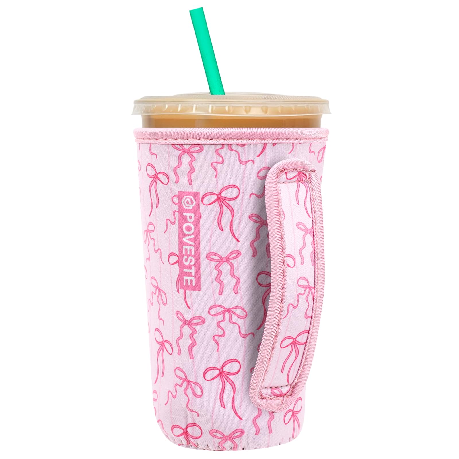 Reusable Neoprene Insulator Sleeve for Iced Coffee &amp; Cold Soda, Coffee Sleeves for Iced &amp; Hot Drinks, Cold Beverage Cooler Compatible with Starbucks, Dunkin (Pink Bow Charm, Large: 32oz)