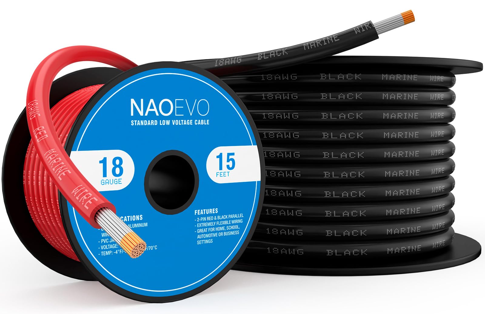 NAOEVO 18 Gauge Marine Wire, 18 AWG Tinned Copper PVC Marine Grade Wire, IP68 Waterproof/Corrosion-Resistant Electrical Cable for Boat, RV, Automotive