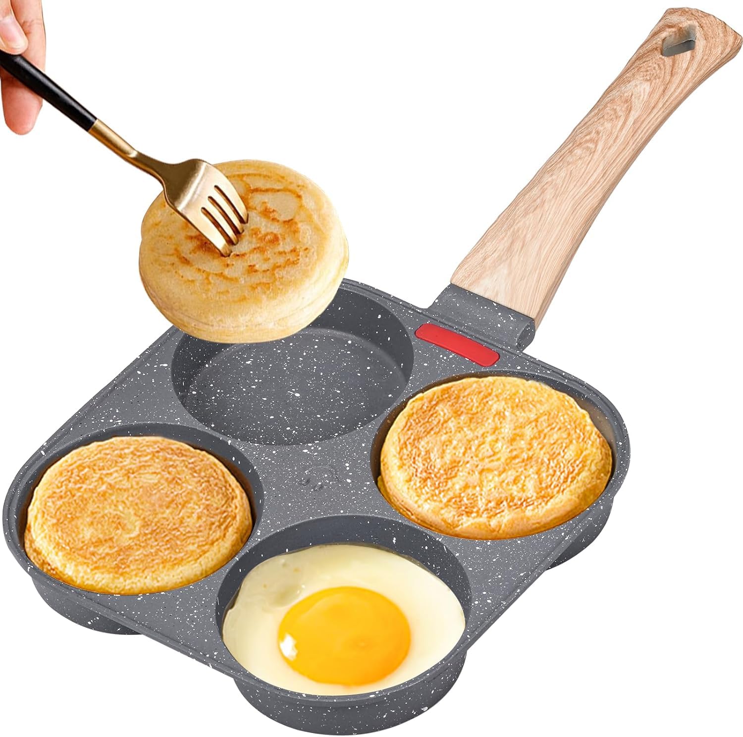 3 Trous Omelette Poêle à Frire éPaissie en Fonte Pot CrêPe AntiadhéSive PoignéE en Bois