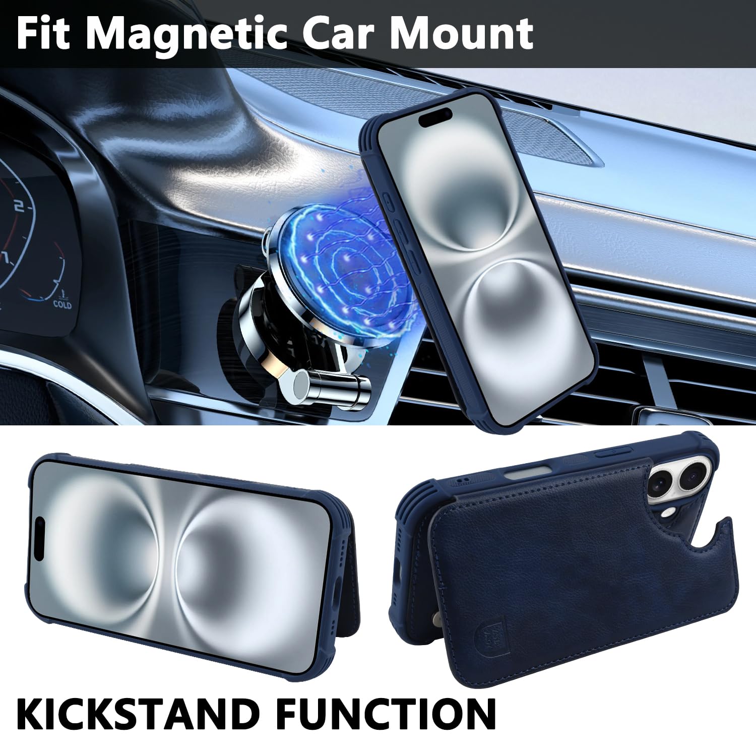 VANAVAGY Compatible for iPhone 16 Plus Wallet Case with Credit Card Holder,Rfid Leather Flip Folio Phone Cover Fits Magnetic Car Mount and Stand with Screen Camera Protector,Navy blue - Image 4