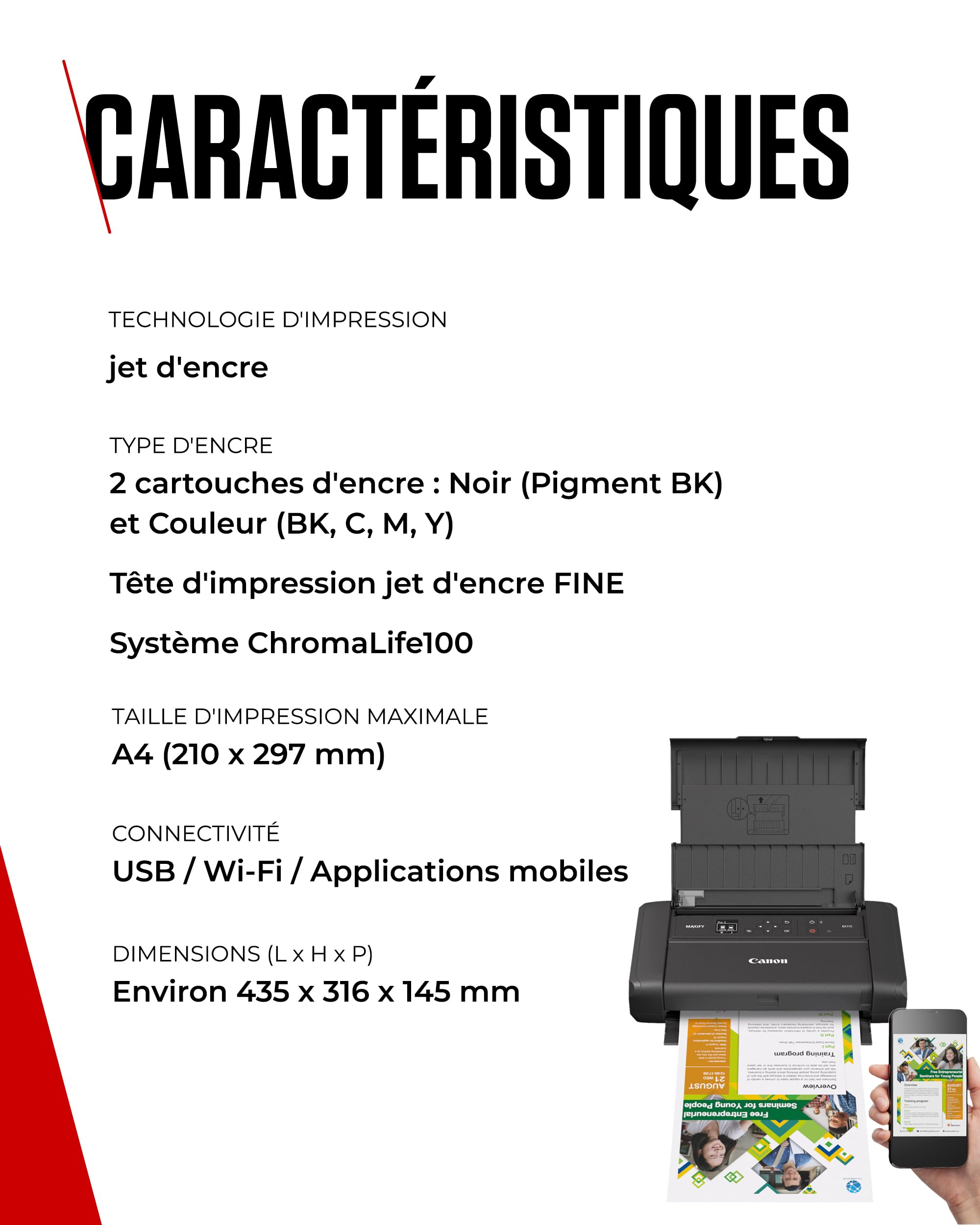 Canon MAXIFY BX110 Imprimante Jet d'encre A4 Portable Rechargeable