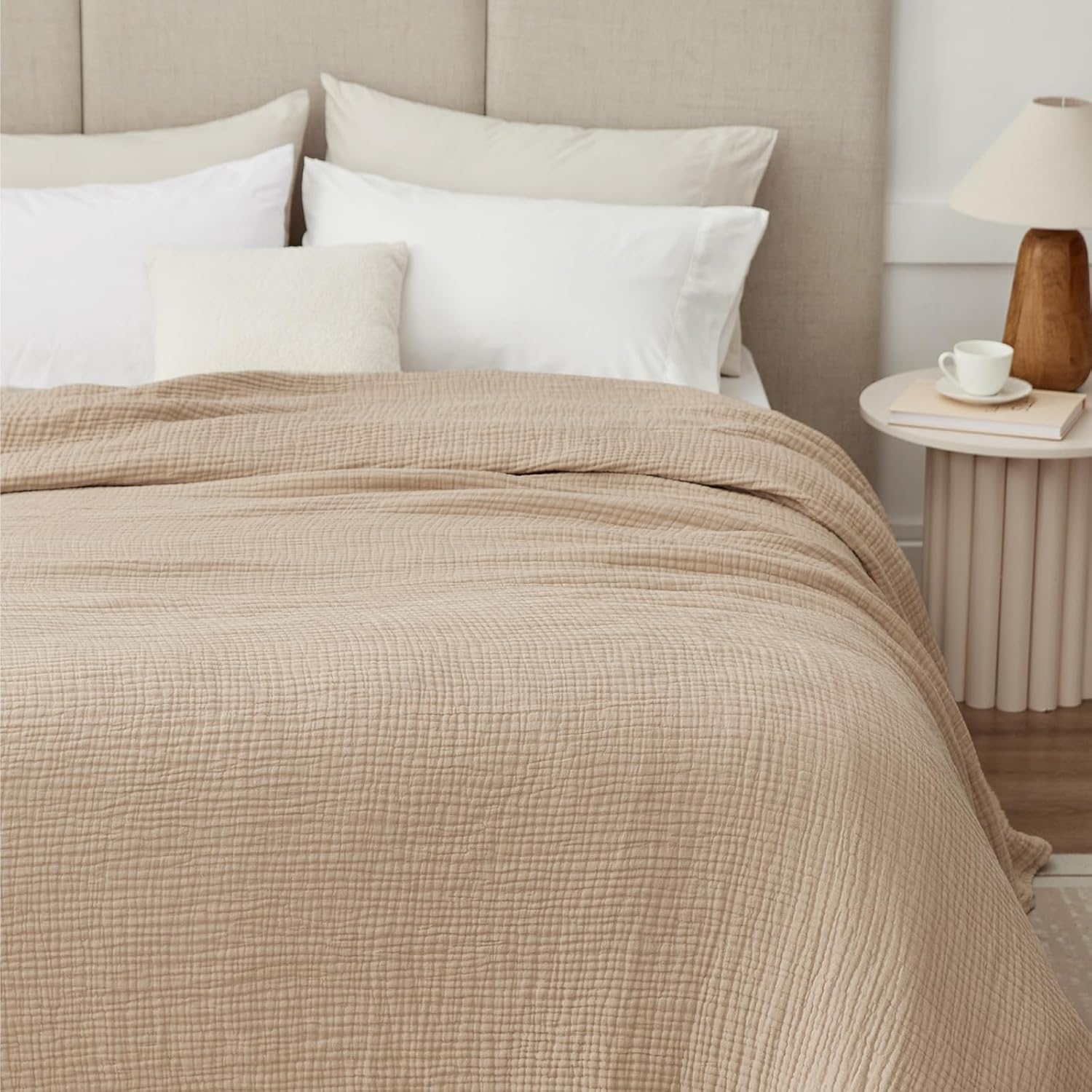 100% Cotton Muslin Blanket Queen 90" x 90", 6 Layers Breathable and Lightweight Cotton Throw Blanket for Bed, Soft Quilt Bedspread Coverlet, Gauze Blanket for Adults All Season, Beige Linen, Oatmeal - Image 3