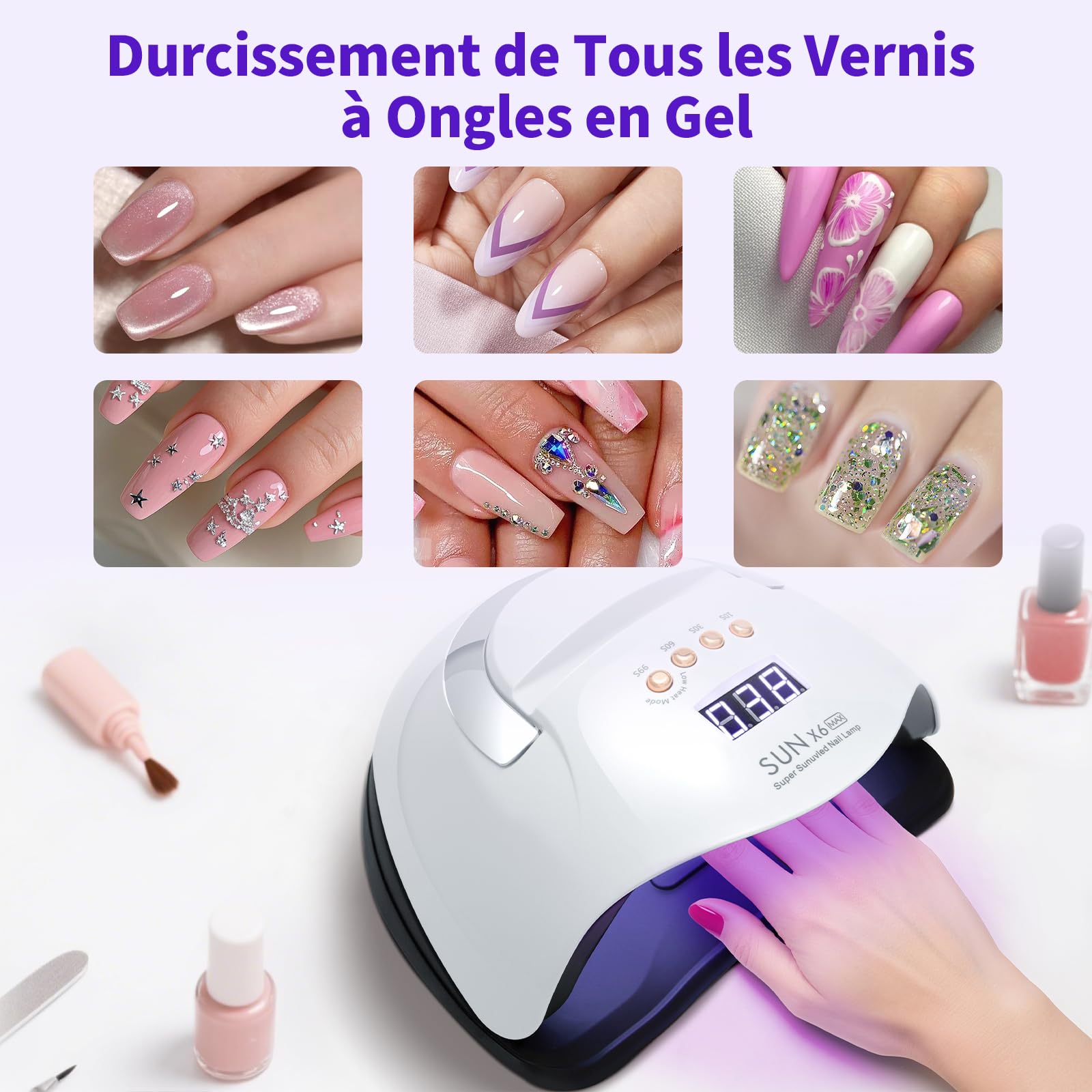 Lampe UV Ongles Gel, 220 W Lampe UV Ongles, Lampe LED Ongle avec 66 Perles LED, Machine Ongle UV à Capteur Automatique avec 4 Minuteries