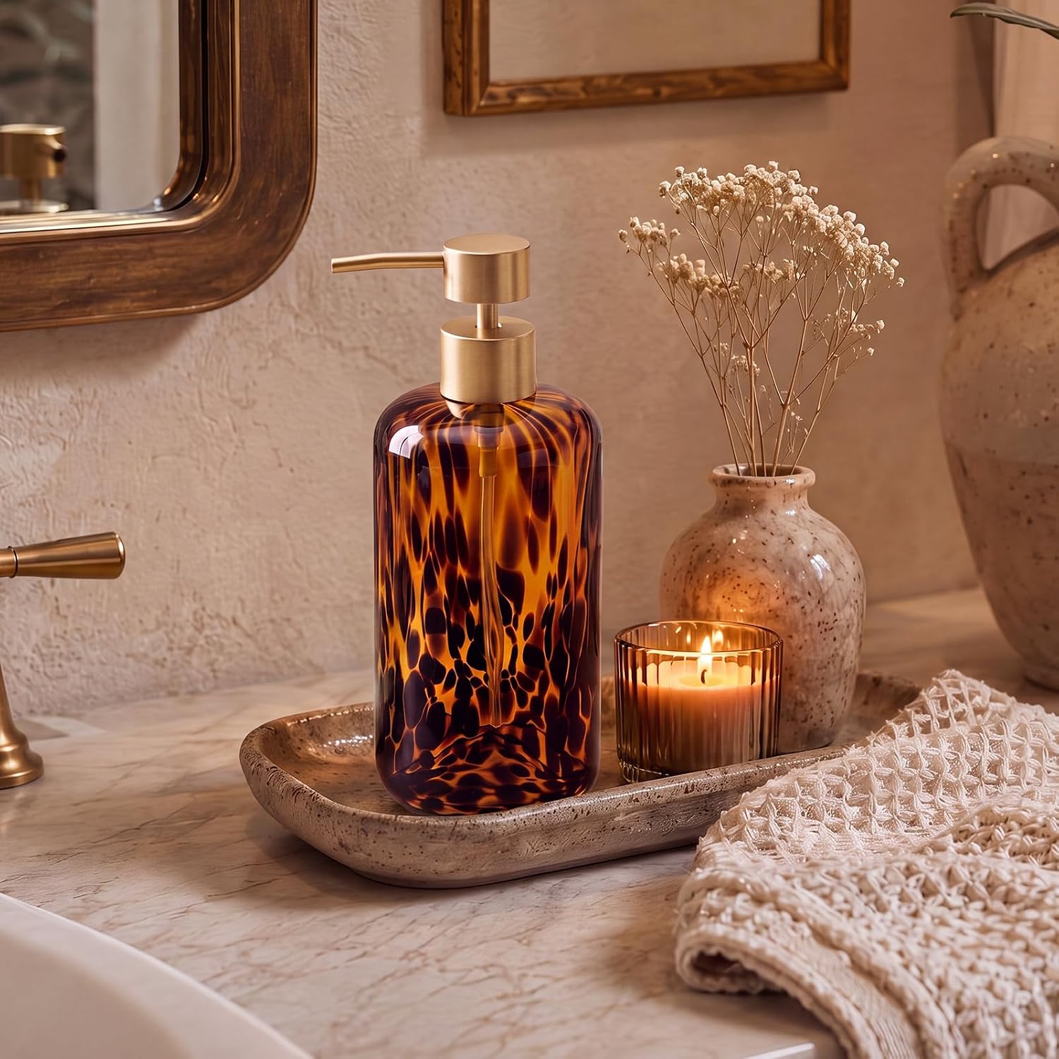 Tortoise Shell Bathroom Accessories Amber Glass Soap Dispenser