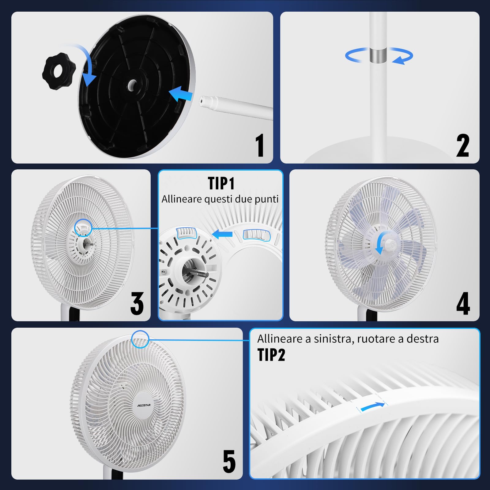 Aigostar Ventilatore a Piantana Silenzioso con 7 Pale, Telecomando, Timer 12H, 3 Velocità e Modalità, Base Circolare Ultra Stabile, Altezza Regolabile 91/125cm, 50W, per Casa e Ufficio, Bianco