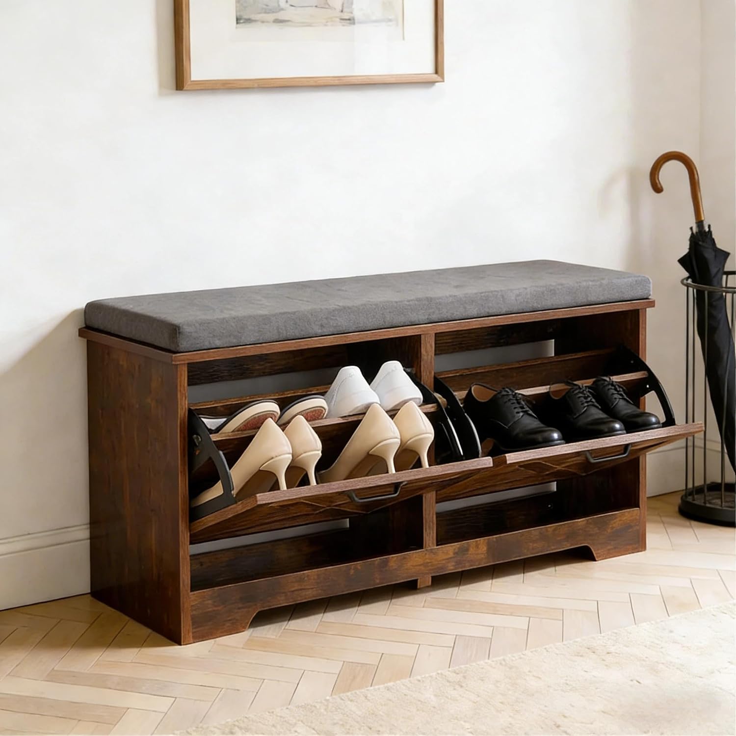 Shoe Storage Bench with a Flip Drawer, Entryway Bench with Removable Cushion, Hallway & Mudroom Organizer with Seat, Front Door Shoe Rack Cabinet, Brown