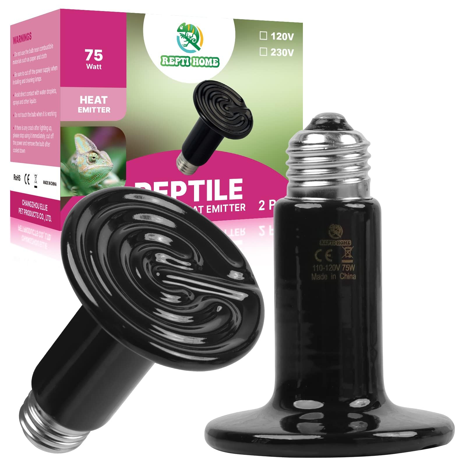REPTI HOME Reptile Heat Lamp, Ceramic Heat Emitter E27 75W-2Pack, Ceramic Heat Bulb for Terrarium Light Reptiles, Lizards