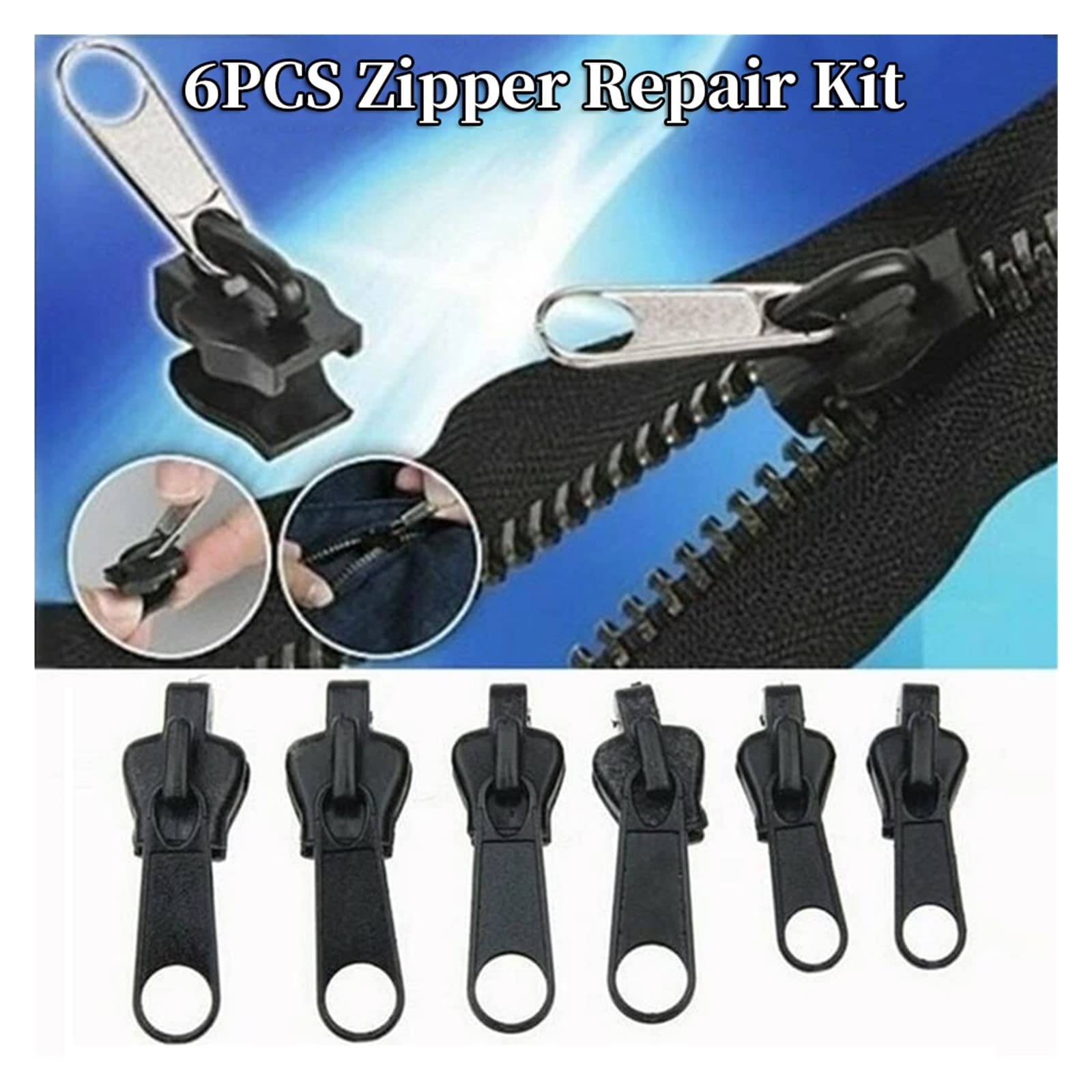 Pulls for Nylon Cewki zamki błyskawiczne metalowe 6 szt. Uniwersalny zestaw naprawczy do natychmiastowego zamka błyskawicznego. Zapasowa głowica zamka błyskawicznego(Black 6pcs)