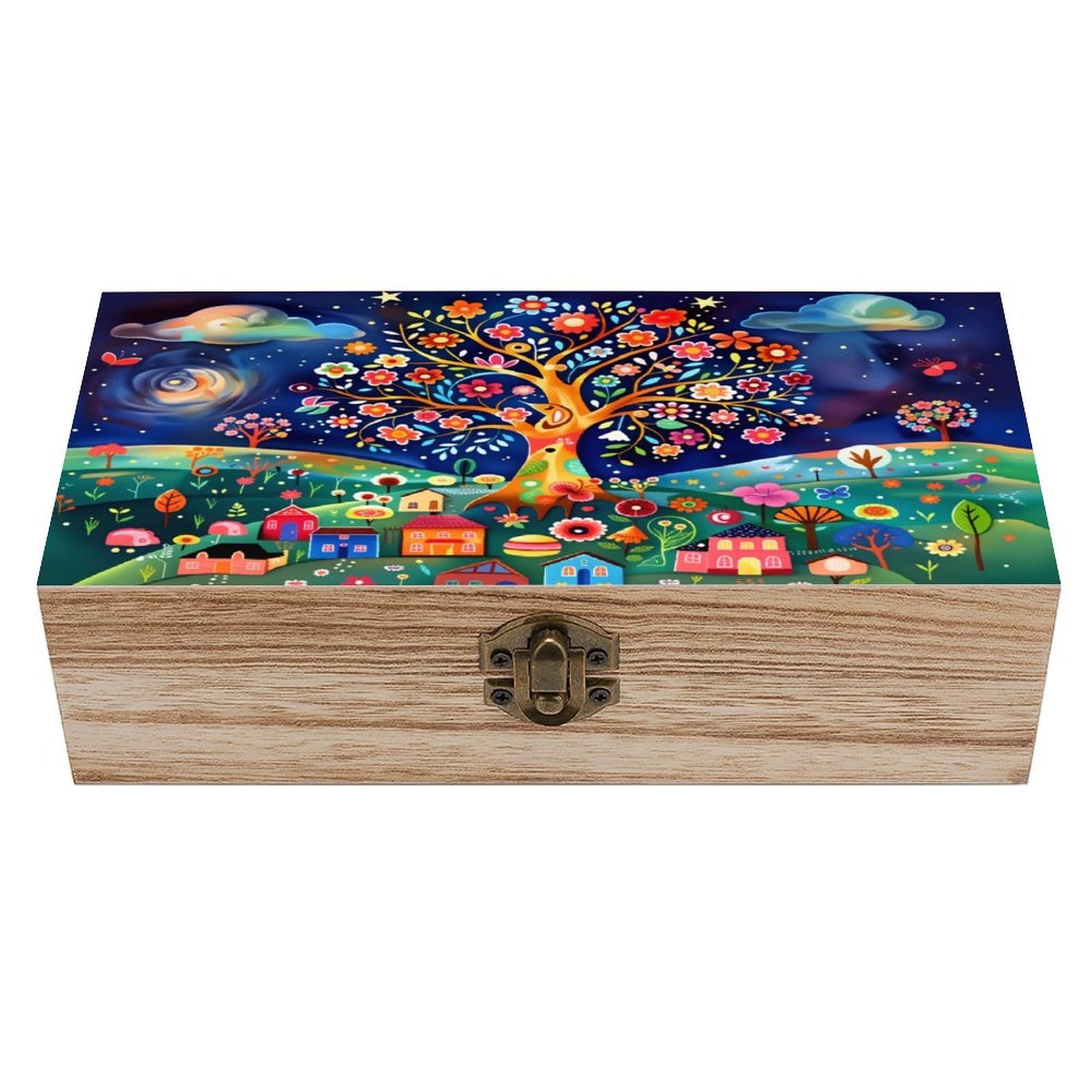 asbwuo Magical Tree And Beautiful Village Vintage Wooden Keepsake Box