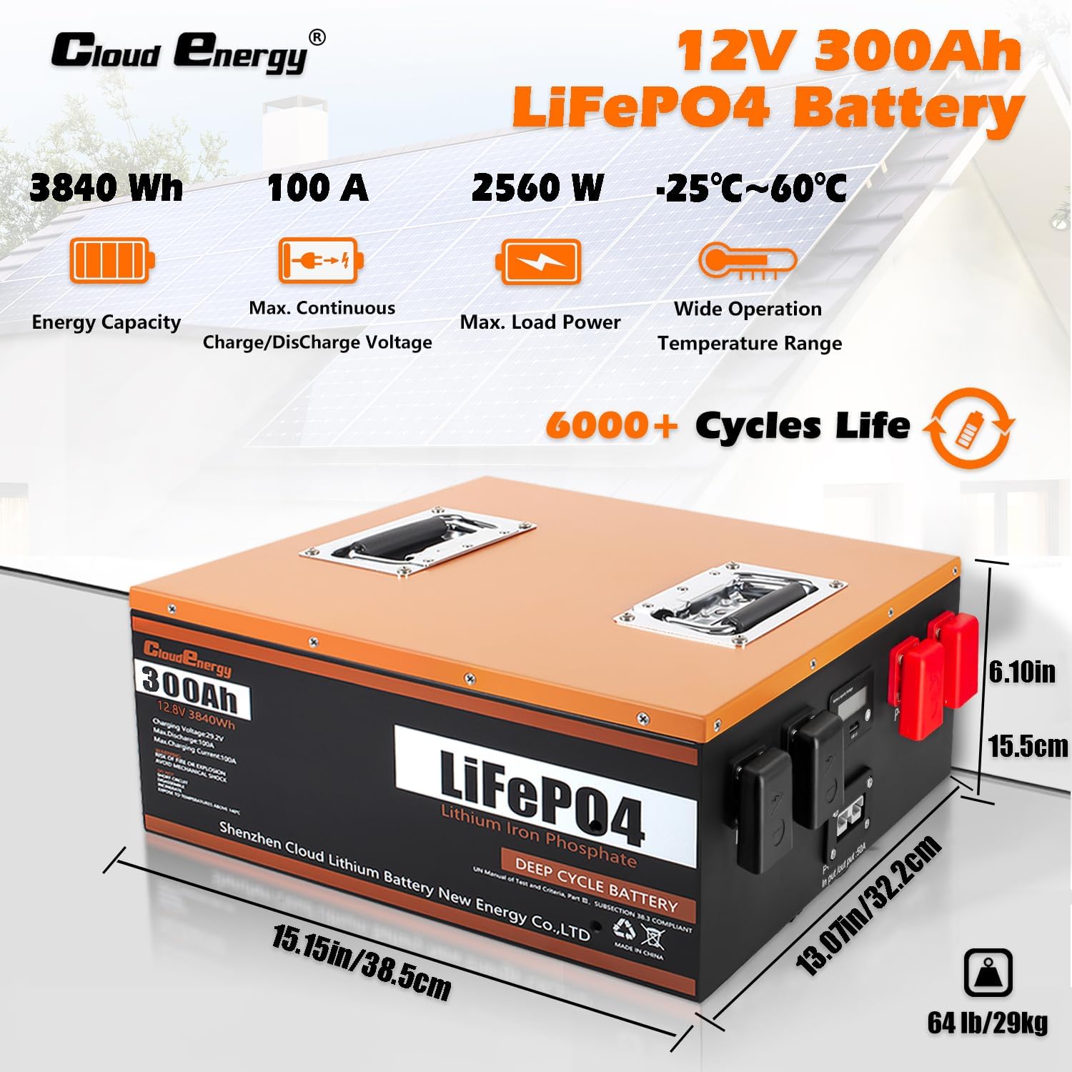 Cloudenergy LiFePO4 Battery 12V 300Ah 3.84kWh Deep Cycle with Longer Runtime, Built-in 100A BMS, 6000+Cycles & 10 Year Lifetime, Perfect in Solar/Energy Storage System, RV, Marine, Backup Power.