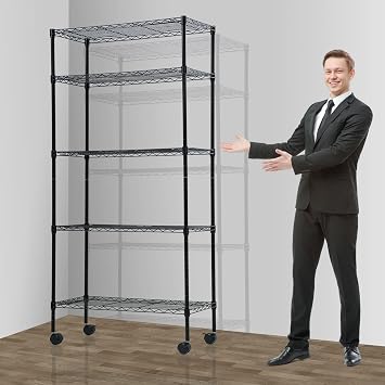 5 Tier Wire Shelving Unit, Storage Metal Shelves, Standing Shelf Units, NSF Heavy Duty Height Adjustable Garage Shelving, 14" W x 30" L x 60" H, Commercial Racks with Wheels, Black