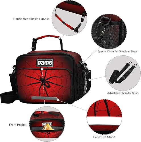 Miniatura 3 de Glaphy Bolsa de almuerzo personalizada de tela de araña de Halloween roja y negra para niños y niñas, personalizada, con tu nombre, lonchera aislada