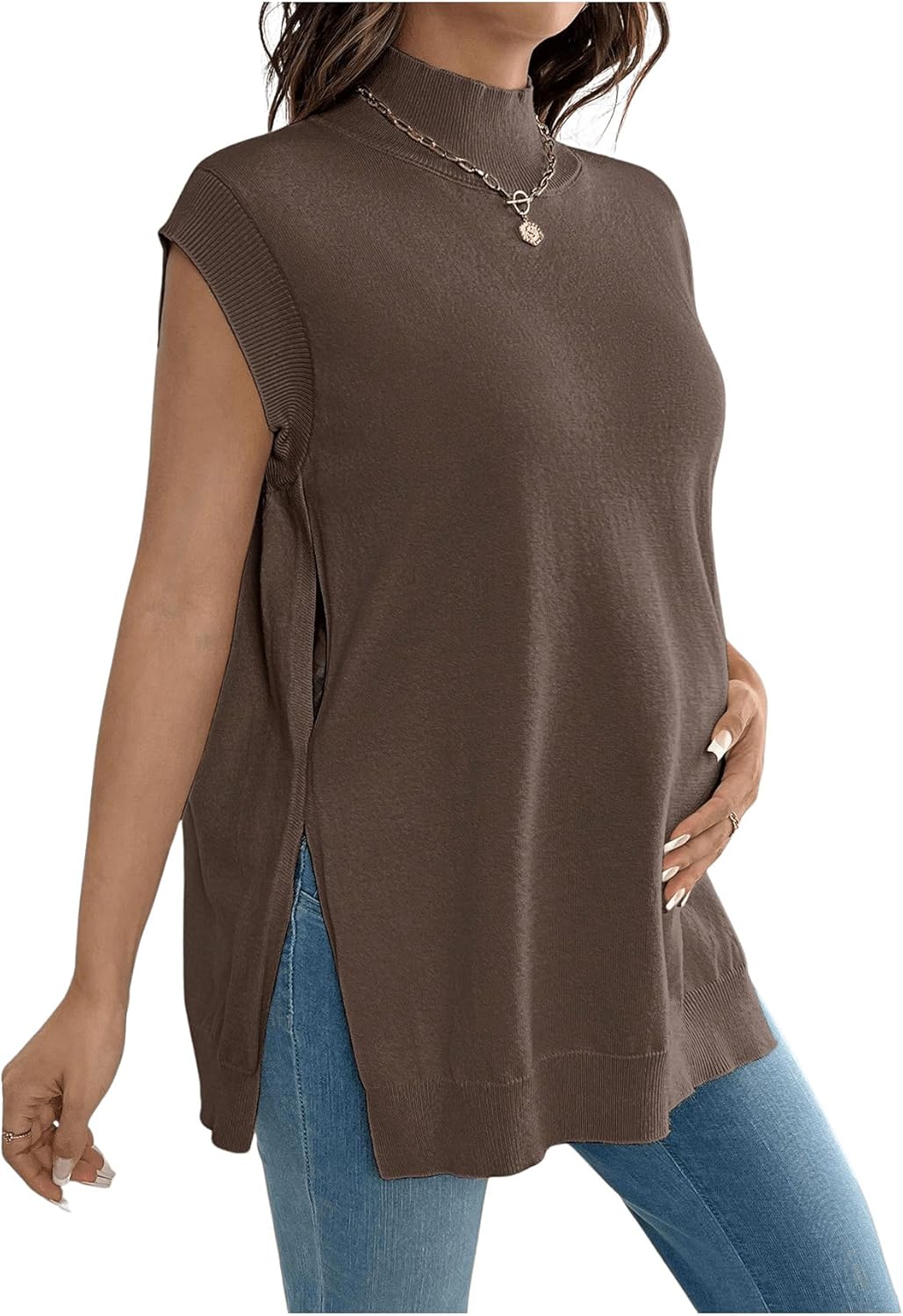 MakeMeChic Women's Maternity Turtleneck Sweater Vest Tops Mock Neck Sleeveless Slit Hem Pregnancy Knit Sweater