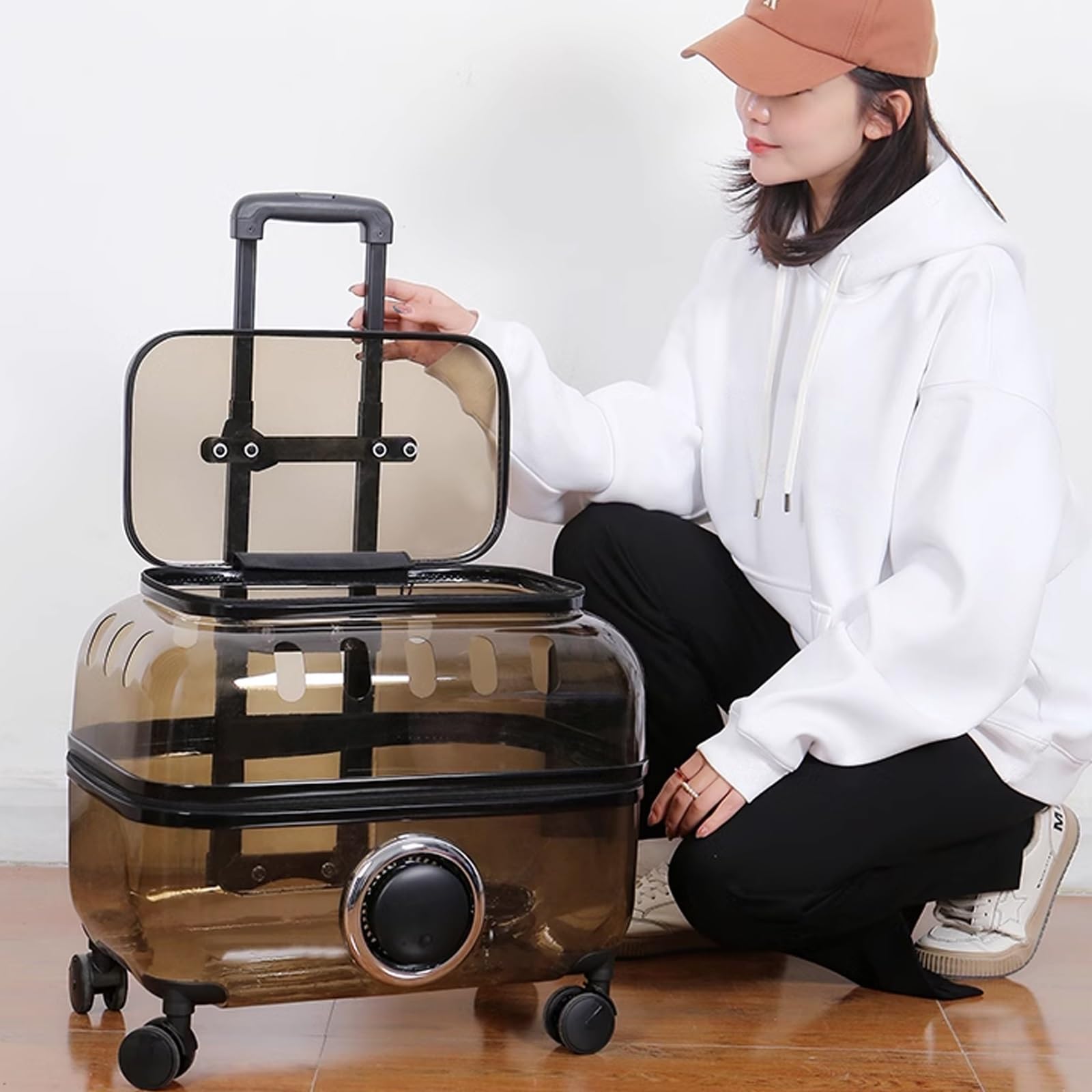 Transportin Gato con Ruedas y Varilla Telescópica, Transpirable y Impermeable, Maleta para Mascotas para Gatos y Perros Pequeños(Brown,S)