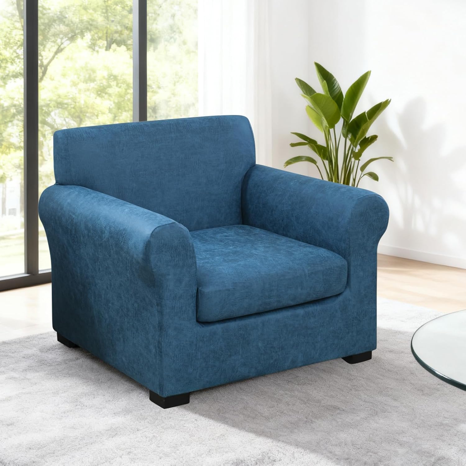 FUANGUI 2 Piece Chair Covers Stretch Arm Covers Chair Couch Covers, Faux Leather Looking Armchair Slipcover with Separate Chair Cushion Cover, Washable Chair Protector for Living Room - Blue Faux Leather Blue Small