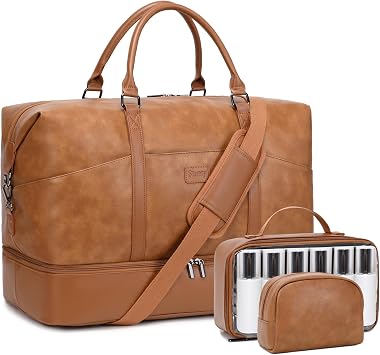 Faux Leather Weekender Bags for Women Large Overnight Bags Travel Duffel Bag Carry On Shoulder Weekend Tote with Shoe & Laptop Compartment & Toiletry Bags for Airplane Traveling Gym, Brown