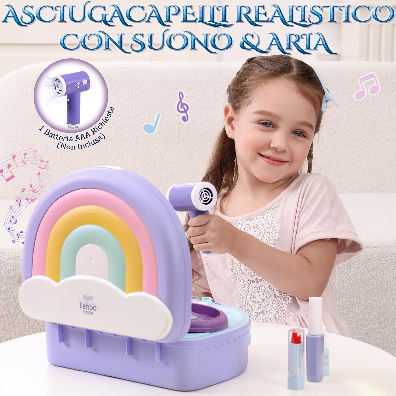 Lehoo Castello Trucchetto per Bambine 3 4 5 Anni, Tavolo Toeletta 2-in-1 Portatile con Set Trucco Finto, Trucchetto con Luci e Musica, Regalo di Compleanno per Bambine dai 3 Anni in su