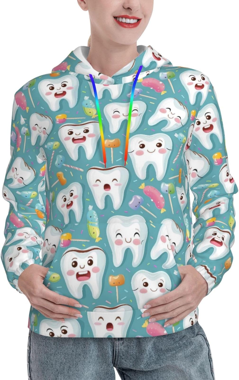 Cute And Fun Healthy Teeth Print Women'S Hoodies Casual Drawstring Pullover Sweatshirts With Pocket
