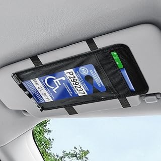 Handicap Placard Holder for Auto, Visor Organizer, Disabled Parking Permit Sign Protector with Pen Holder Card Slots and Elastic Strap, Car Interior Sun Visor Storage Clip for Most Vehicles