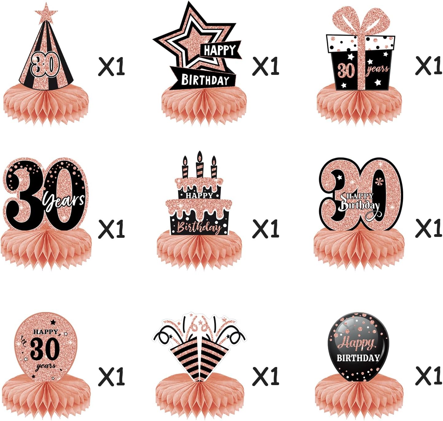 9 Pcs Rose Gold 30th Birthday Decorations for Women, Pink Honeycomb Centerpieces for 30 Years Old Birthday Table Decor, Cheers to 30 Years Party Supplies, Happy 30th Birthday Table Toppers