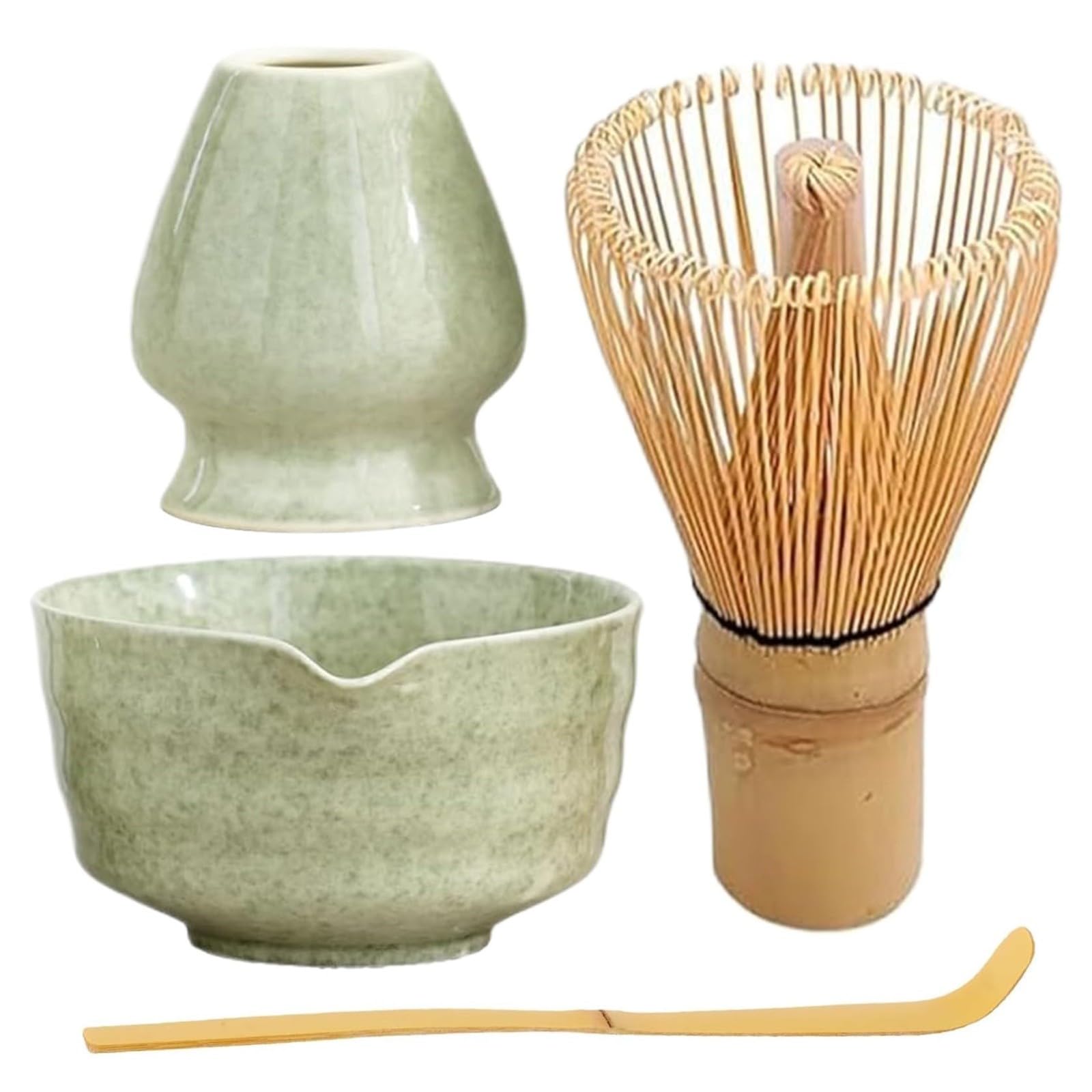 Matcha Set Matcha Whisk Sifter and Holder, Includes Ceramic Bowl Spout Bamboo Whisk and Bamboo Shovel Traditional Tea Ceremony Kit Ceremonial Grade Accessories, Gifts for Tea Lovers (Green)