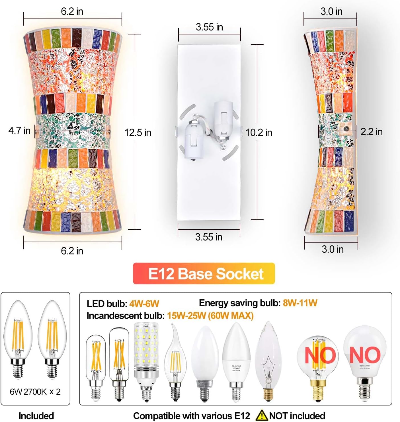 Colored Glass Turkish Mosaic Wall Sconce for Bedroom, Hardwire Handcrafted Mediterranean Bohemian Wall Lamp, Moroccan Stained Mosaic Wall Light Fixtures for Living Room Hallway E12 LED Bulb Included