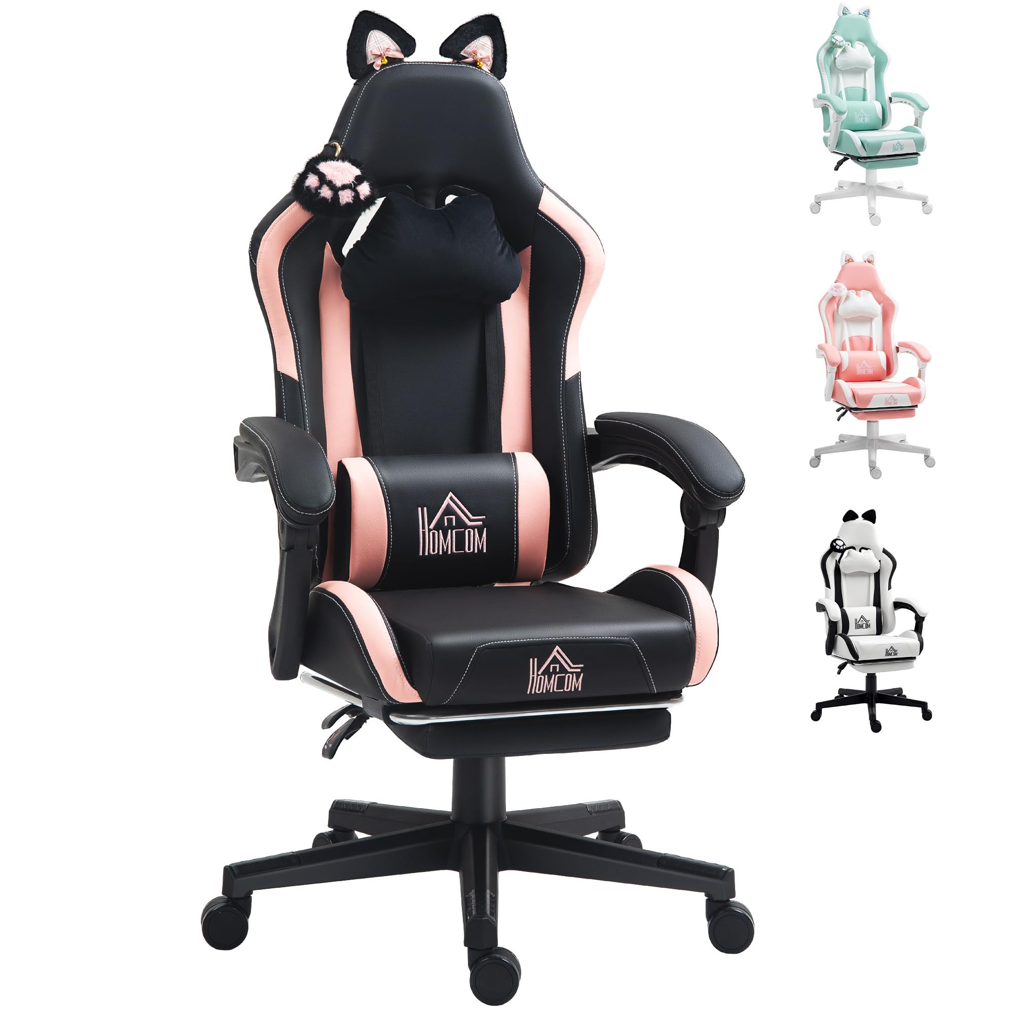 HOMCOM Silla Gaming con Orejas Silla Gamer Reclinable 135° con Altura Ajustable Reposapiés Retráctil Soporte Lumbar Giratorio 360° y Reposacabezas Desmontable Silla para Oficina Estudio Negro