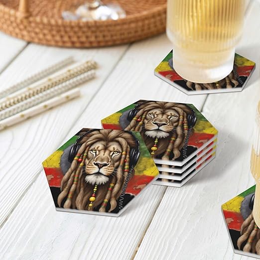 Jamaican Lion of Judah Rasta Lion King Absorbent Ceramic Stone Coaster Set of 4 for Drink, Cork Base, Cups Place Mats for Home Decor Hexagon