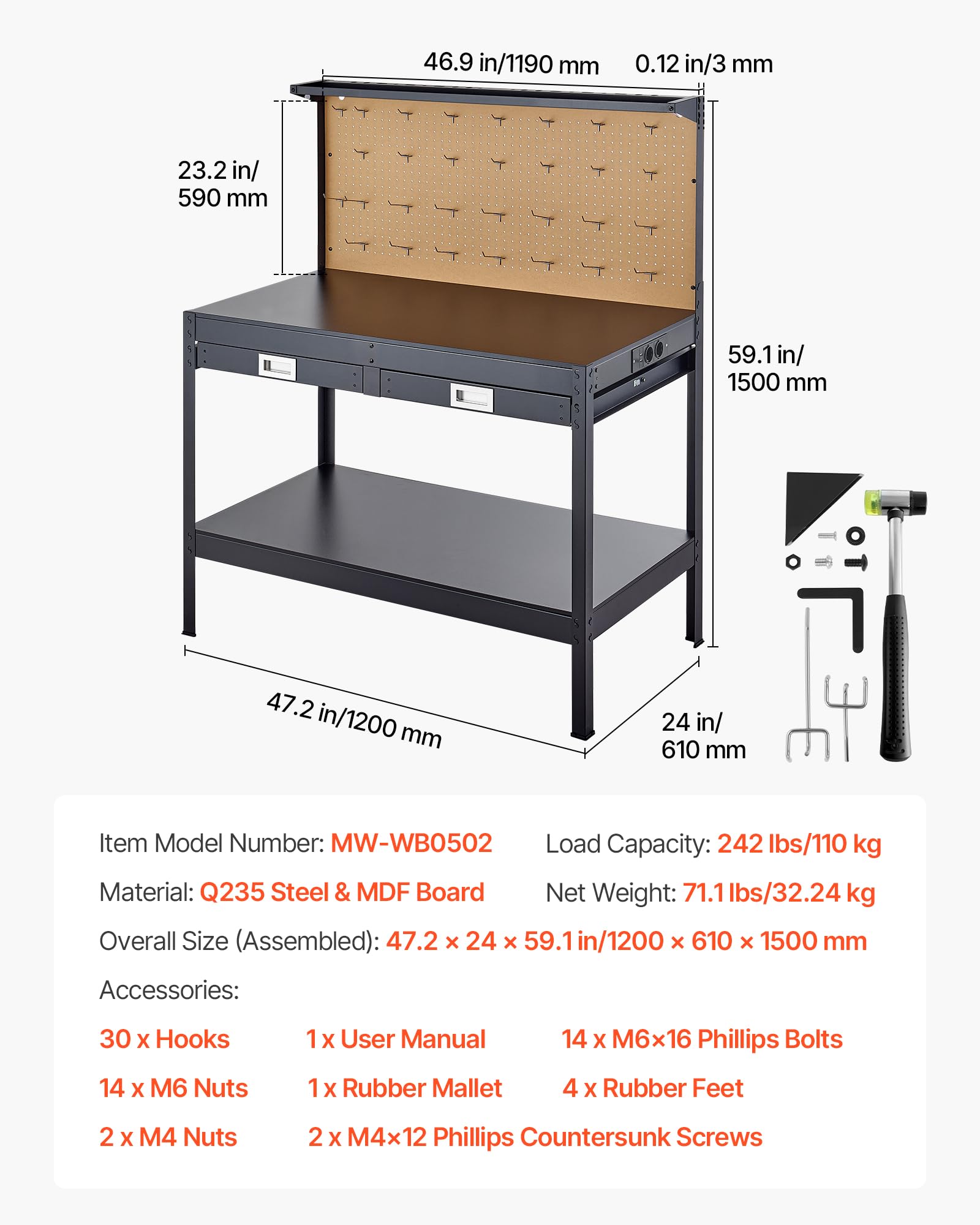 VEVOR Werkbank mit Lochwand, 110kg Belastbarer Arbeitstisch inkl. 2 Ablagefächer 2 Schubladen LED-Beleuchtung & Integrierter Steckdosenleiste mit USB, Multifunktionstisch mit Werkzeugwand für Heimwerk
