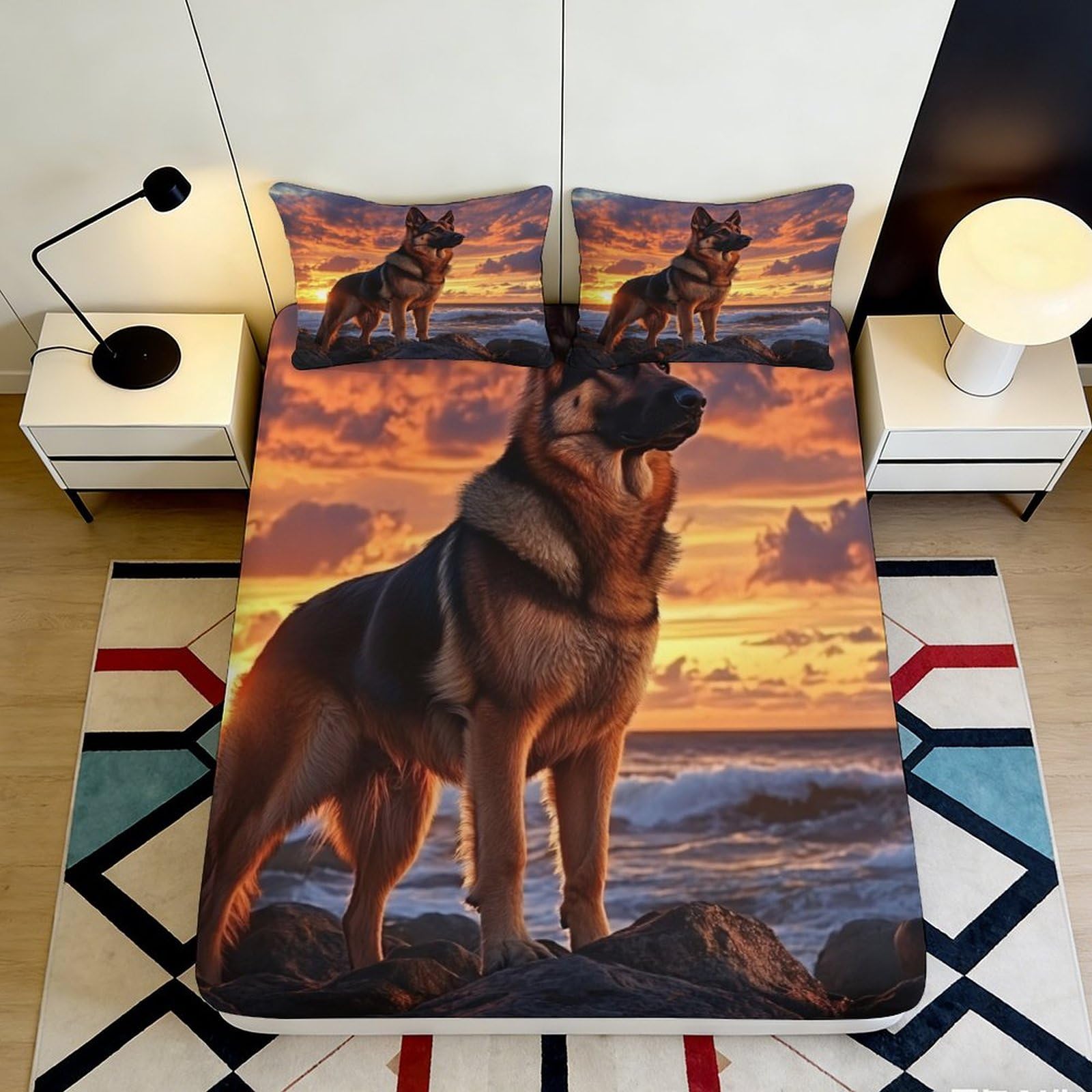 3D Printed German Shepherd Fitted Sheet Microfiber Soft Durable Dog Sunset Bed Cover for Bedroom Dormitory Guest Room Mattress Protection 180x200x25cm