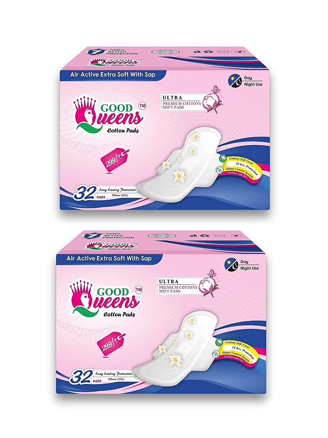Good Queens Sanitary Napkins | For Women | Cotton Gel Pads | 290 mm Size XXL | (32 pieces) | Personal Hygiene Care (1) Good Queens Sanitary Napkins | For Women | Cotton Gel Pads | 290 mm Size XXL | (32 pieces) | Personal Hygiene Care (1)