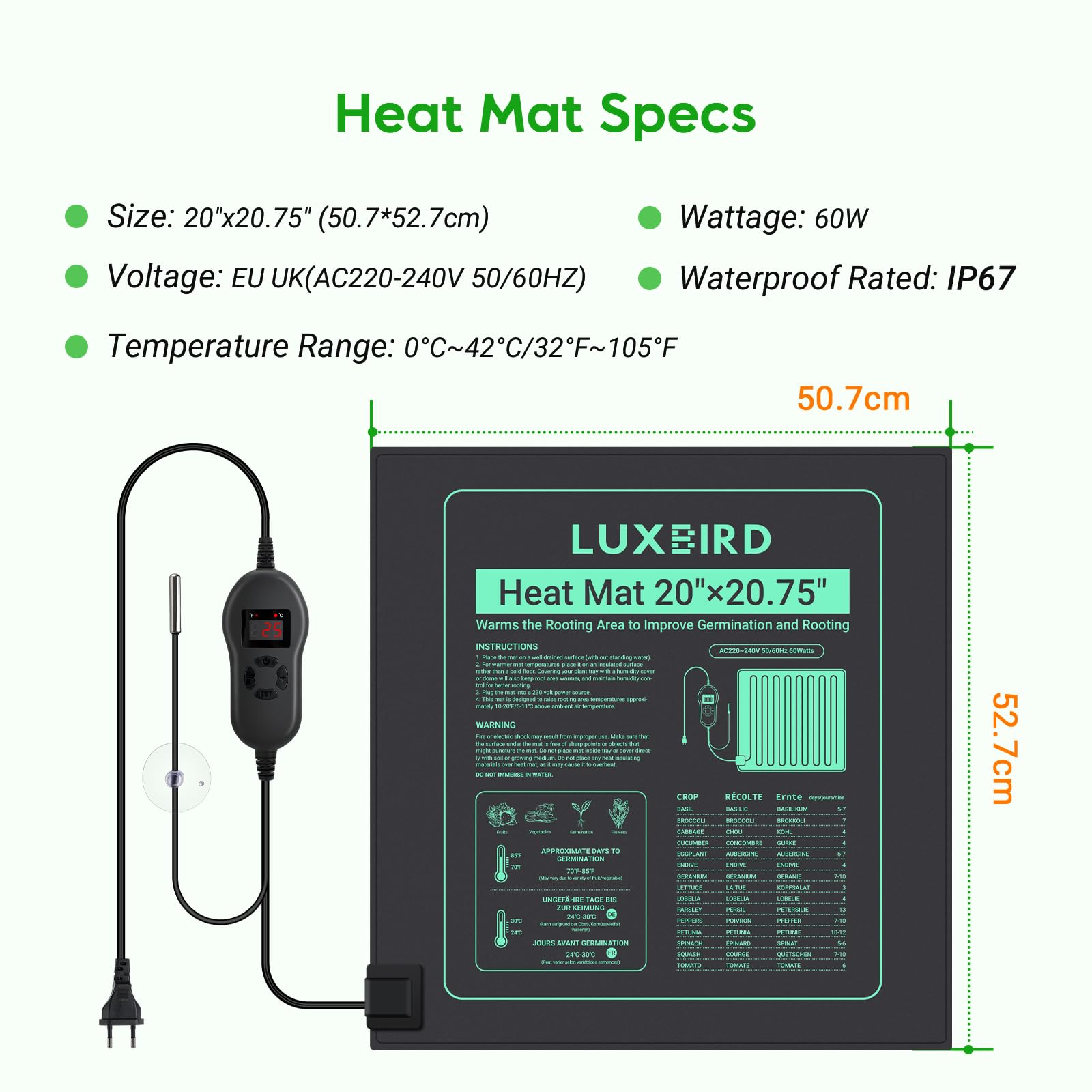 Luxbird Tappetino Riscaldante Impermeabile per Piantine con Controller del Tappetino, Dimensioni più Grandi per più Piante, Ideale per Piantare Interni, Germinazione, 50 * 52 cm, 60 W