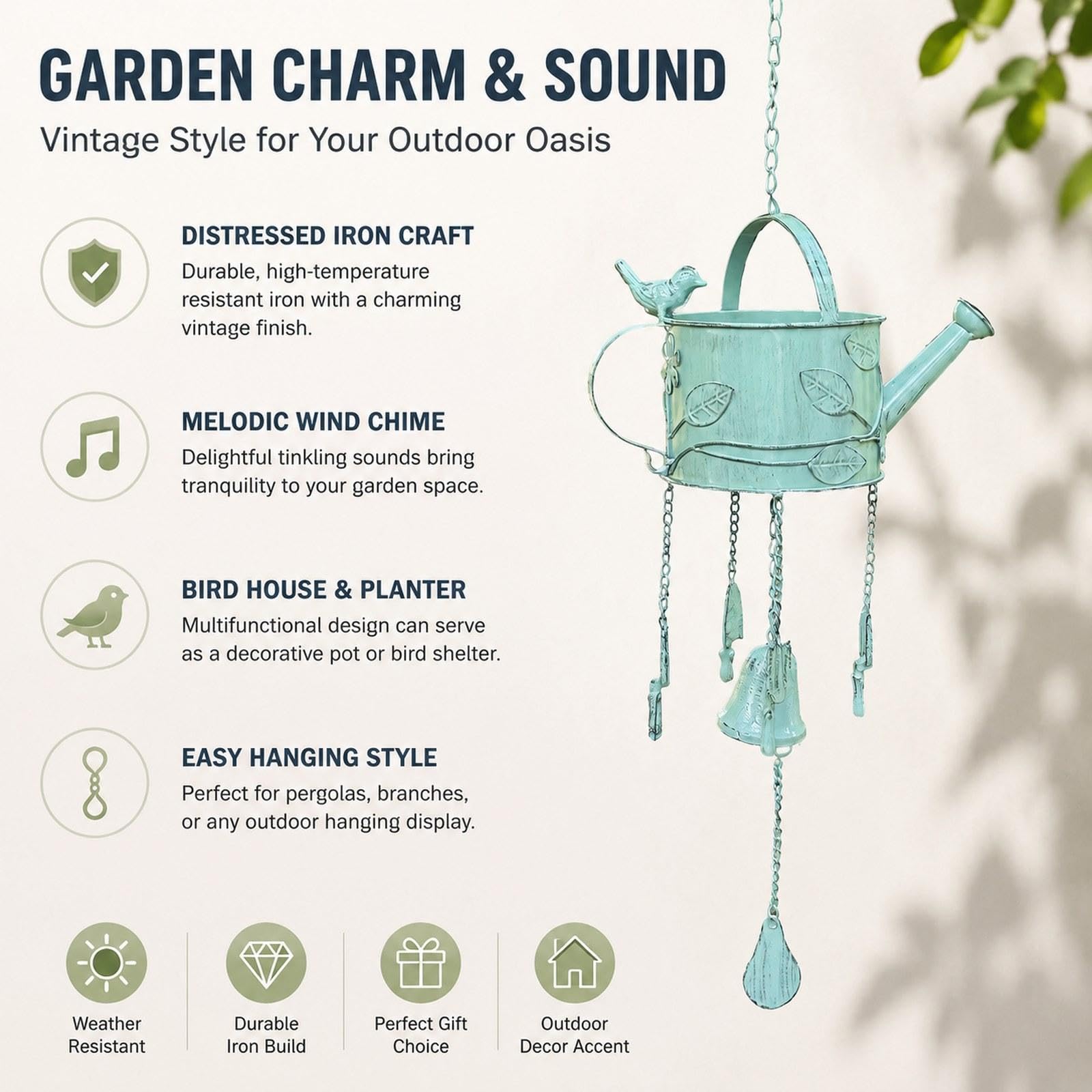 Baoblaze Annaffiatoio in Metallo con Campanellino a, Versatile, Rustico, Decorativo da Appendere per Interni, Giardino ed Esterni, Idea Regalo, Verde