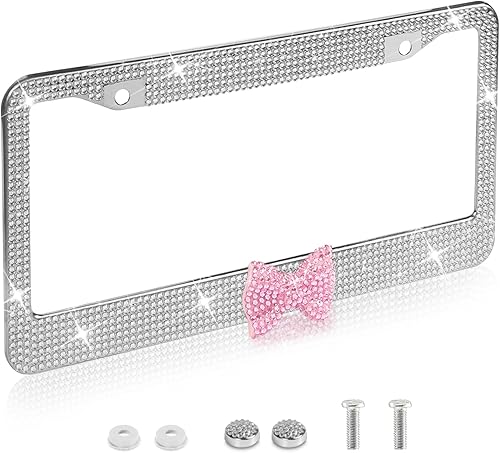 Marco de matrícula brillante, marco de matrícula de acero inoxidable premium hecho a mano con diamantes de imitación brillantes, cristal de