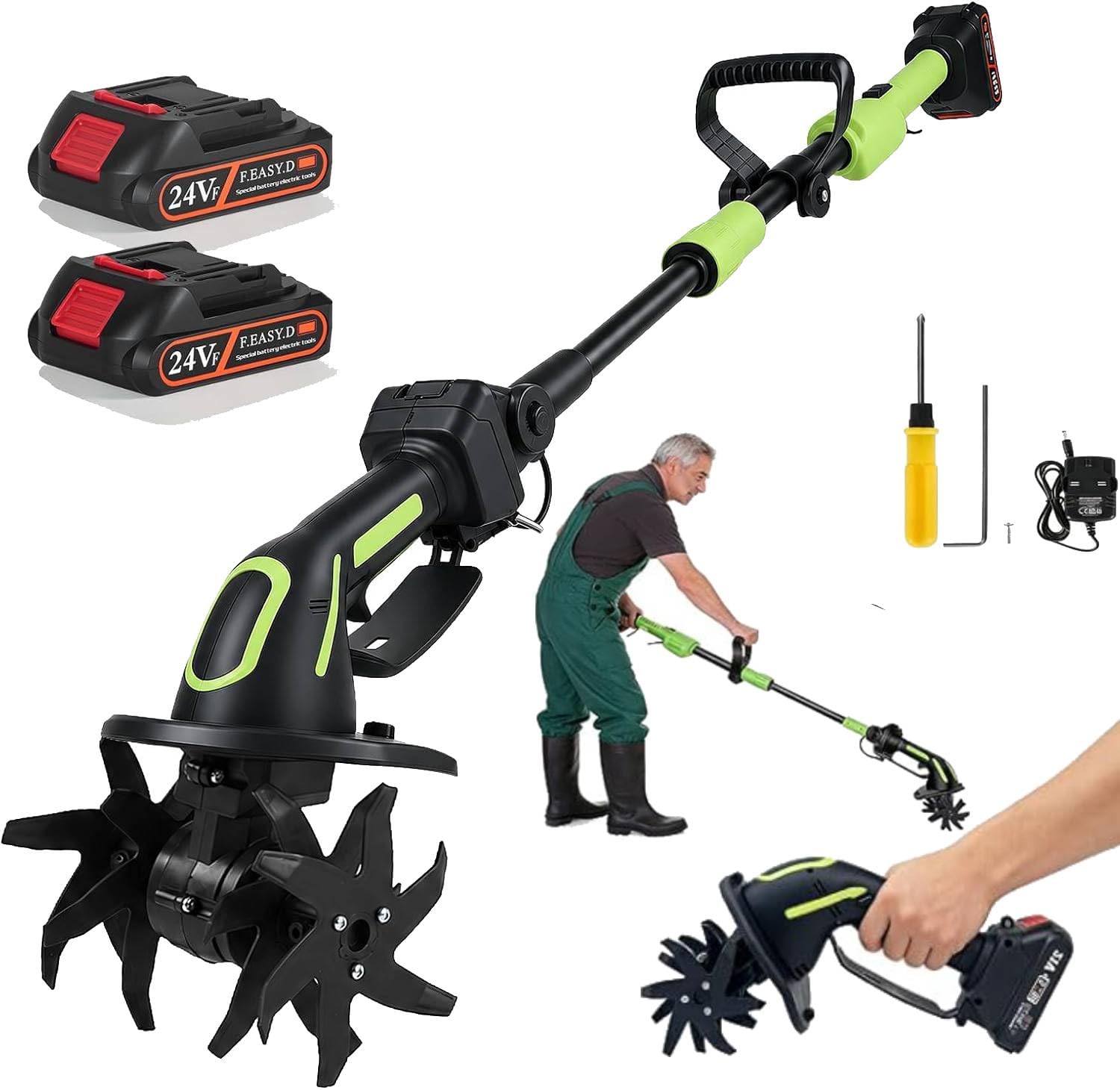 Motobineuse Electrique sans Fil 21V, Motoculteur avec 2 * 1500mAh Batteries, 1,3m Bineuse Electrique sans Fil, Largeur de Travail 10cm, Profondeur de Travail 10cm,pour Pelouse/Jardin/Travaux du Sol