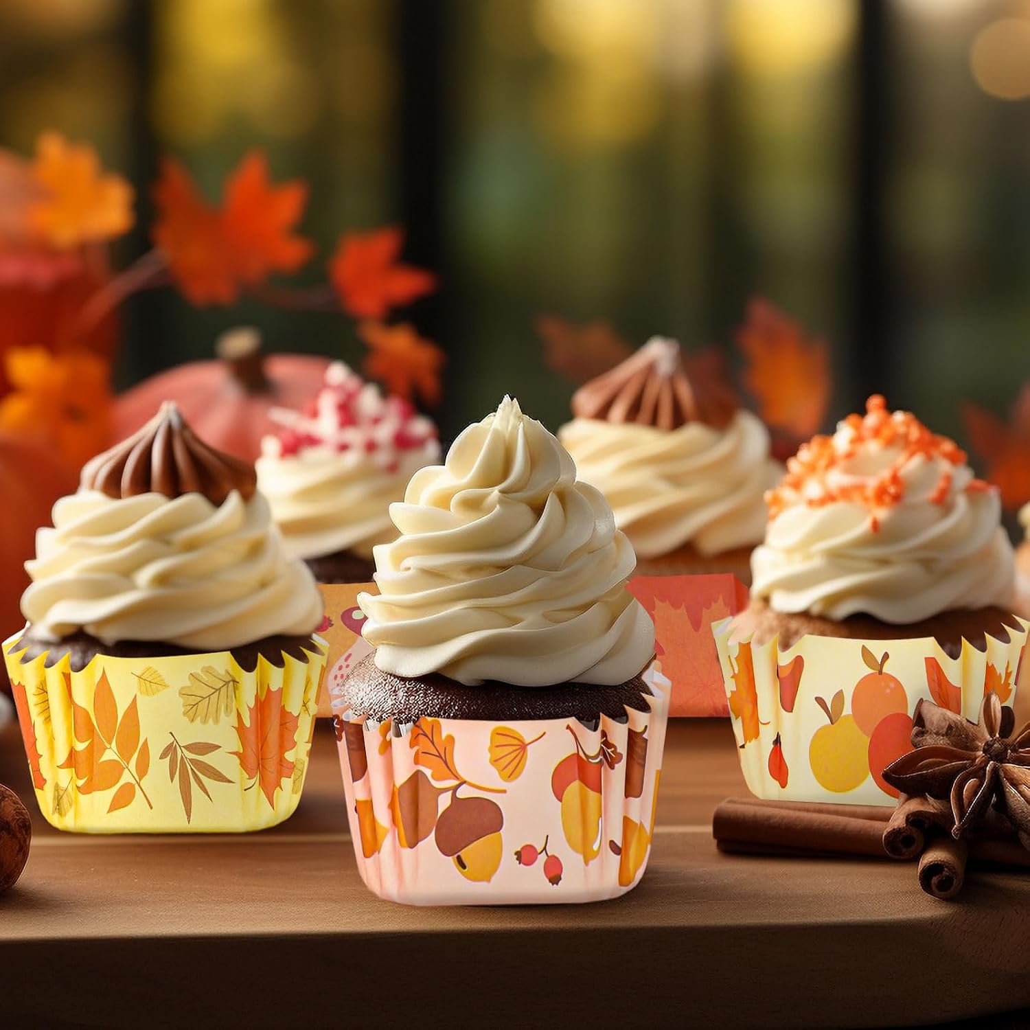 Whaline 600Pcs Fall Thanksgiving Autumn Mini Square Cupcake Liners Pumpkin Leaf Acorn Cupcake Wrappers Harvest Muffin Baking Cup for Holiday Wedding Birthday Party Decor