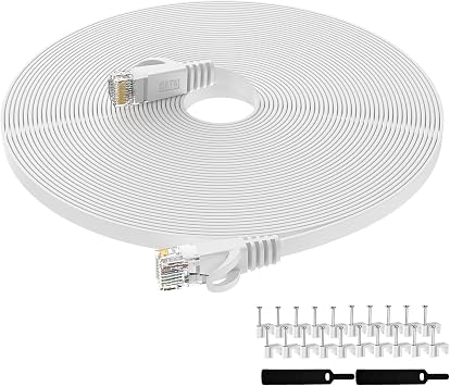 Ethernet Cable 30m, Flat Internet Cat 6 Gigabit Lan Network RJ45 250MHz High Speed Patch Cord for Router, Modem, PC, Switches, Hub, Laptop,White, 1 Pack provided Cable Clips
