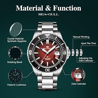 SEA-GULL Men's Automatic Mechanical Diving Watch, Stainless Steel Waterproof Business Dress Luminous Calendar Wrist Watches,44mm,Ocean Series