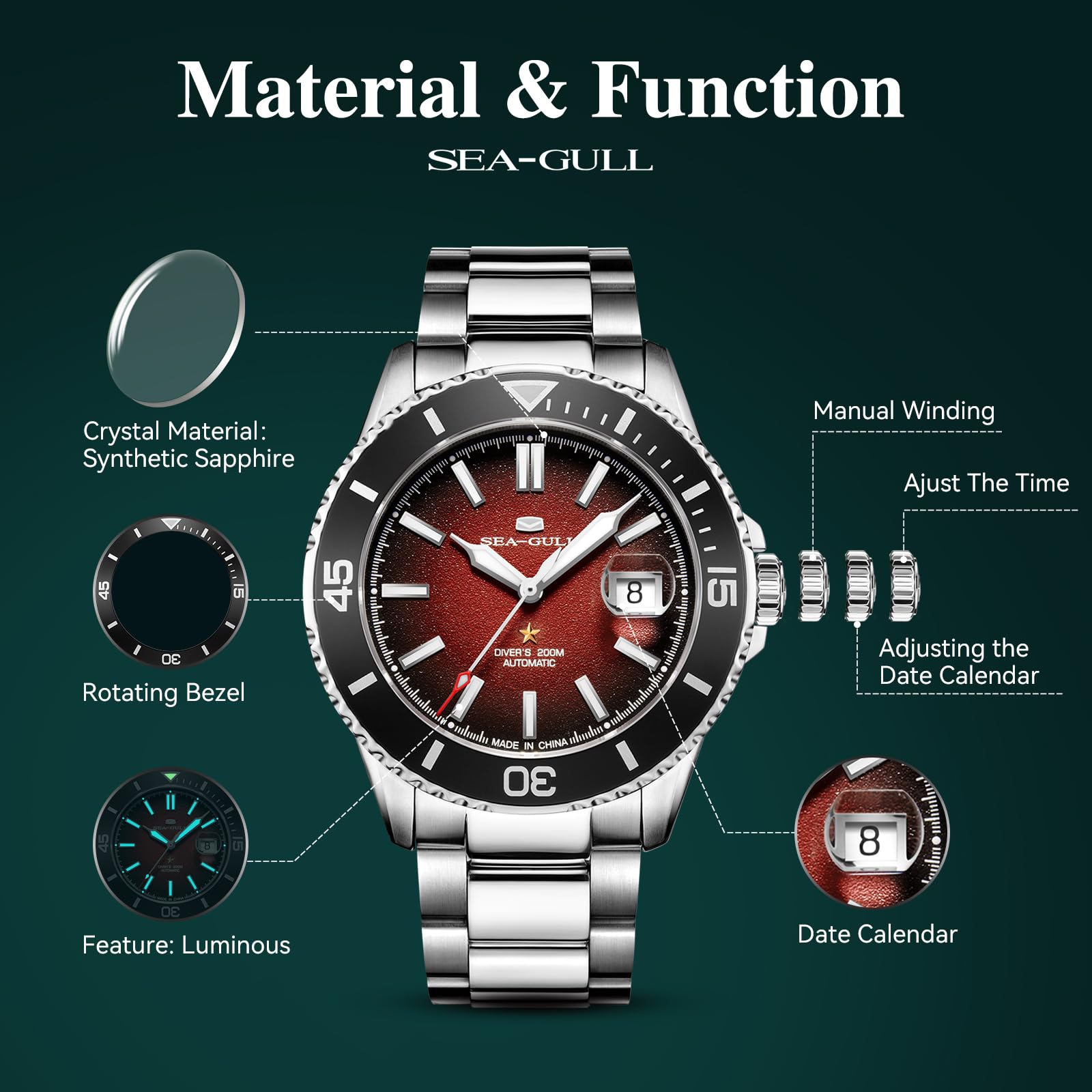 SEA-GULL Seagull 816.523 - Reloj automático para hombre, correa de acero inoxidable, resistente al agua, mecánico, con calendario, luminoso, para negocios, casual, buceo, para hombre