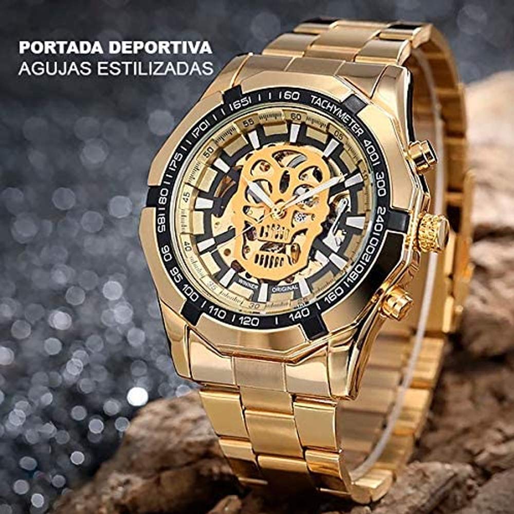 BLACK MAMUT Reloj Hombre Carátula de Calavera, Skull, Movimiento, Análogo, Movimiento Automático, Correa Metálica, Hebilla Broche, Diseño Moderno, Elegante, Contemporáneo