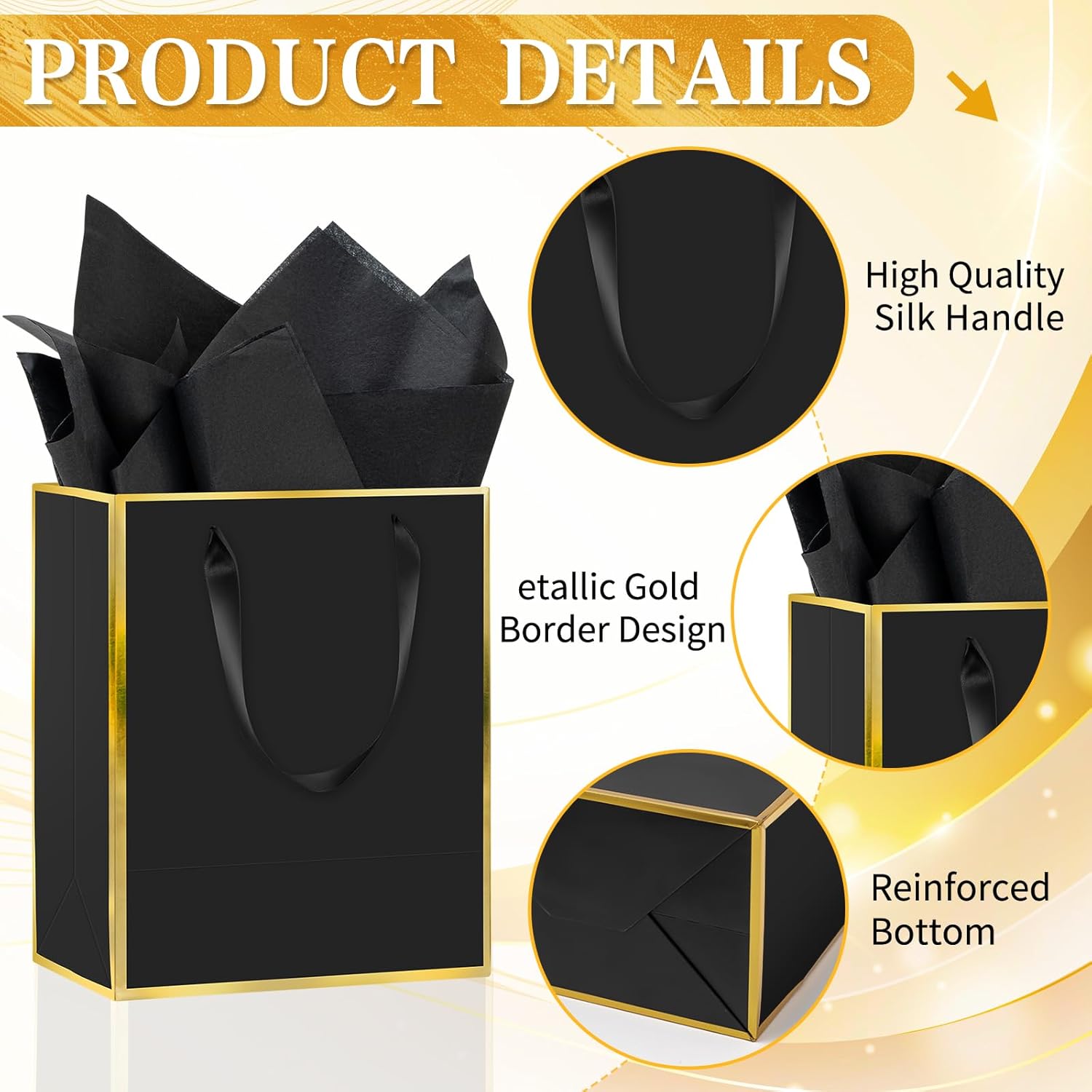Epoesch Premium Metallic Paper Gift Bags with Handles and Tissue Paper, 8"x5"x10" Inch Dark Blue Gold Edge Welcome Gift Thank You Bags (Black Gold, 1 Count (Pack of 36))