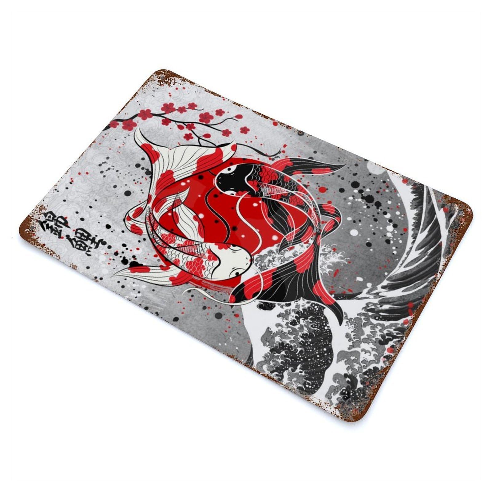 Yin Yang Koi Fish Rustic Tin Plaque 11.8"x7.9", Farmhouse Wall Decor for Shed, Workshop And Garage Wall Decor