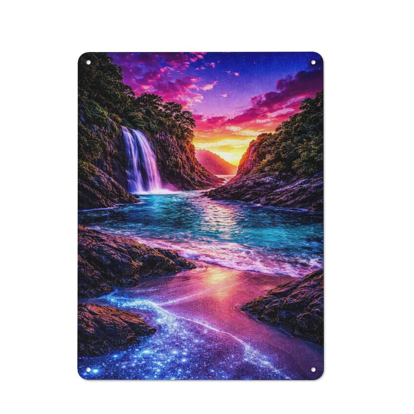 Junmoney Style-11 Garage Style Bioluminescent Beach Waterfall At Sunset Retro Metal Sign 40X30cm, Workshop Wall Decor For Workshop, Basement, Shed Or Games Room