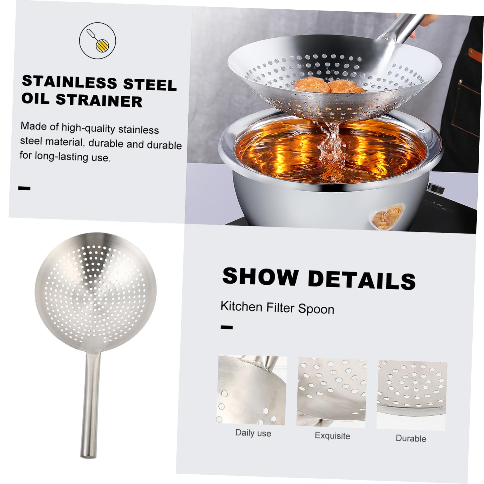 Schöpfkelle aus Edelstahl, Dickwandig, für Wonton und Pommes, Silber