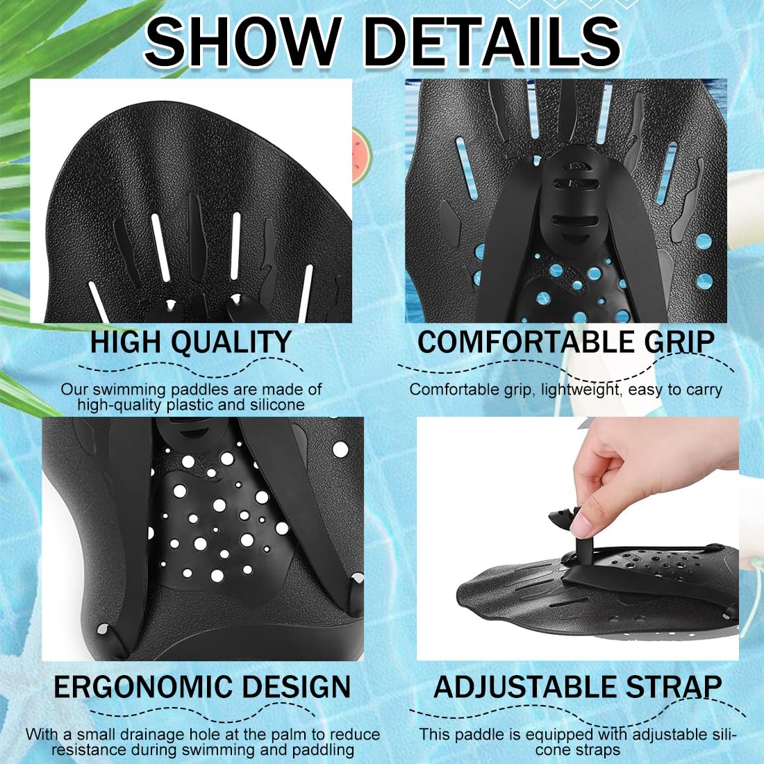 1 Coppia di Mano Paddles Nuoto, Swimmpaddel Adulti, Flossen Adulti, Swimmhilfe con Cinghie Regolabili, Flossen für Swimmer, Per il Nuoto, Accessori per l'Allenamento per Adulti Unisex