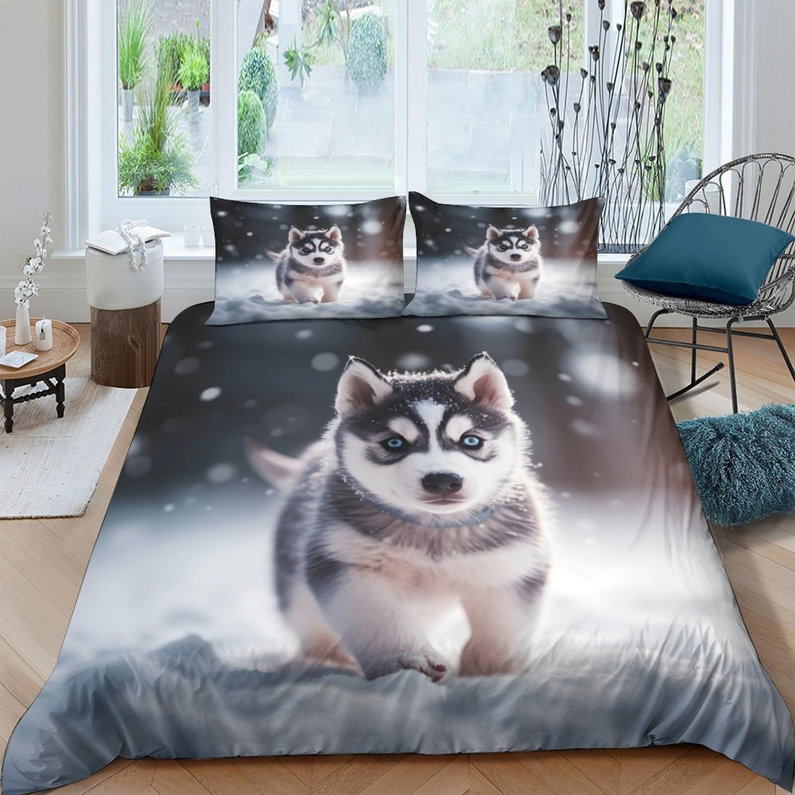 Ctjqhvkz Style-10 3D Printed Husky Puppy Fitted Sheet Microfiber Soft Grey Animal Mattress Cover Bedroom Decor Machine Washable Single（135X200cm）